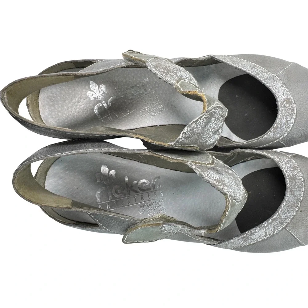 Rieker Antistress Mary Jane Pumps Womens 40 Silver Pewter Leather Slingback Heel